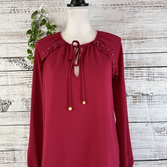 Michael Kors Tunic Blouse size Extra Small Dark Pink Crepe Ruffles Studs Bow Tie - Picture 2 of 15